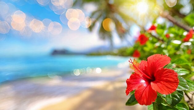 Background with red hibiscus and tropical beach image .(blurred and easy to use background material)