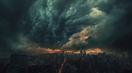 A stormy sky looms over the city creating a dramatic backdrop for the cityscape silhouettes their sharp edges ting through the moody atmosphere. - obrazy, fototapety, plakaty