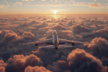 A cargo plane flying above the clouds at sunset,