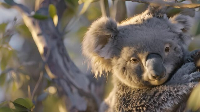 Fluffy koala in tree. 4k video animation