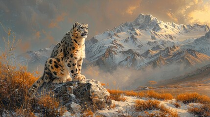 a snow leopard is sitting on top of a rock in the mountains
