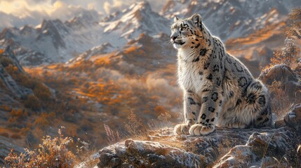 A Felidae carnivore, the snow leopard sits on a rocky mountain top