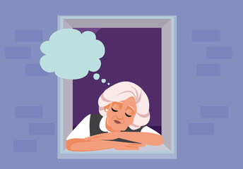 Sad Melancholic Woman Thinking by the Window Vector illustration. Unhappy grandma overthinking her problems due to anxiety syndrome 
