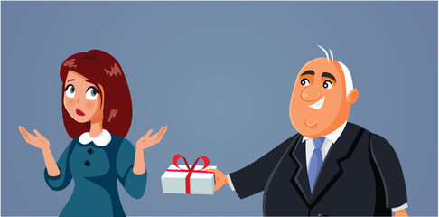 Business Manager Giving Inappropriate Gift to his Secretary Vector Cartoon. Unhappy woman being stalked by her boss refusing advances in the workplace
