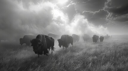 A group of bison traverse a misty grassland in the highlands