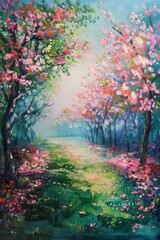 Oil painting illustrates blooming flowers in the garden during spring, with rough canvas texture resembling strokes created by a palette knife.
