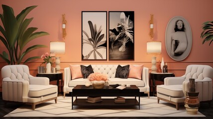  Chic Hollywood Regency bedroom featuring delicate peach hues, luxurious textures, and modern furniture, A lavish Hollywood Regency master bedroom with opulent peach decor, contemporary furnishings,