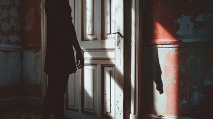 In a shadowy corner of the abandoned mansion a lone figure stands with their back to the camera their hand resting on a door that . .