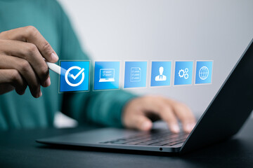 Quality control certification concept. Businessman using laptop checked guarantee of standard of company product.