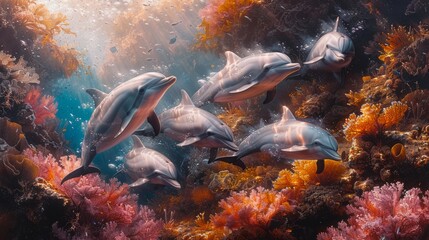 Fototapeta na wymiar Dolphins gracefully swim by a vibrant coral reef in the ocean