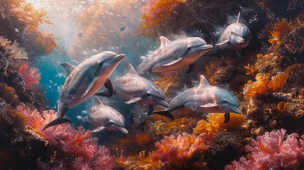 Keuken spatwand met foto Dolphins gracefully swim by a vibrant coral reef in the ocean © yuchen