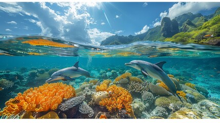 Two dolphins glide underwater over a vibrant coral reef in the azure ocean