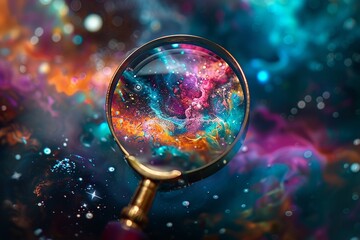 A concept of discovery and exploration peering into a colorful universe through a magnifying glass - obrazy, fototapety, plakaty