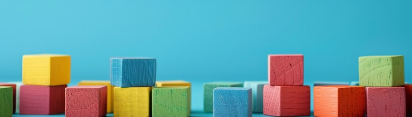 A creative arrangement of colorful wooden blocks on a surface against a blue background