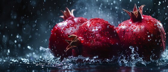 A Dark red pomegranates with droplets of water cascading around them as they are immersed
