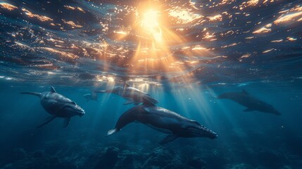 A pod of humpback whales gracefully glides through the underwater world - obrazy, fototapety, plakaty