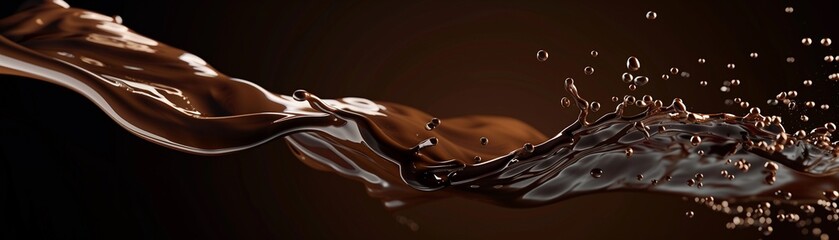 A dynamic splash of rich glossy liquid chocolate captured against a dark background - obrazy, fototapety, plakaty