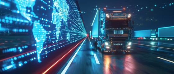 A futuristic truck moves along a vivid digital interface with a world map