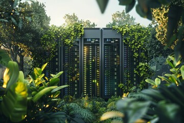 A futuristic representation of data center servers set amidst a lush forest