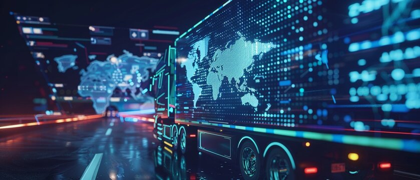 A futuristic truck moves along a vivid digital interface with a world map