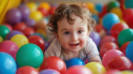 Fototapeta na wymiar A small child with a joyful expression playing in a colorful ball pit
