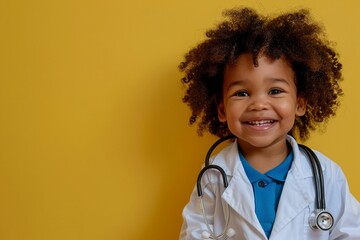 A young child with a big smile dressed in a doctors coat and stethoscope