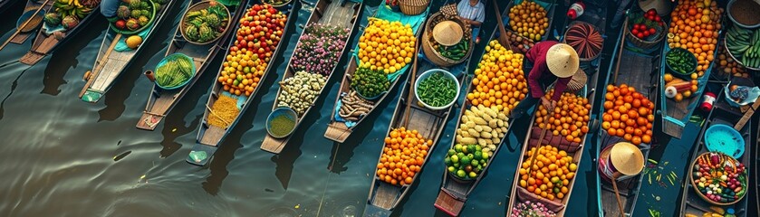 A Vendors in boats selling fresh produce at a bustling traditional floating market in Southeast...