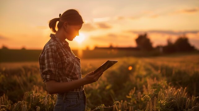 A woman stands in a field during sunset