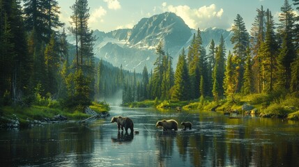 Three bears in a river with mountains in the background