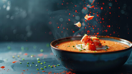 A sumptuous image of hot soup with a luxurious lobster garnish, with vibrant spices flying around, suggesting premium gourmet indulgence
