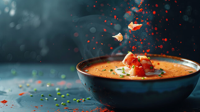 A sumptuous image of hot soup with a luxurious lobster garnish, with vibrant spices flying around, suggesting premium gourmet indulgence
