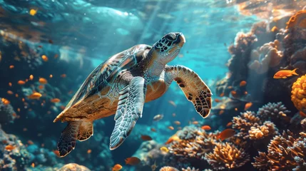 Foto op Plexiglas An electric blue sea turtle swims near coral reef in the underwater ecosystem © yuchen