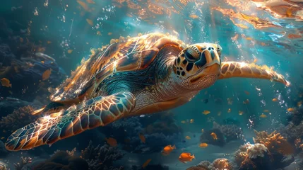 Fensteraufkleber Loggerhead sea turtle swimming near coral reef in ocean © yuchen
