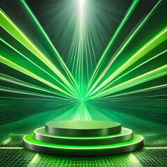 a dynamic podium display featuring bold neon green light rays as a backdrop, adding energy and excitement to the presentation space. Incorporate sleek surfaces and sharp angles to complement the vibra