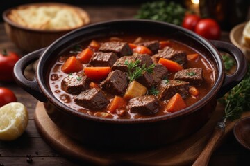 beef cooked in red sauce in kitchen pan