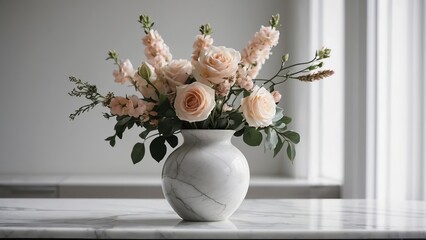 Vase and flowers isolated on white marble table and white marble backgrounds, modern luxury apartment or kitchen interior design