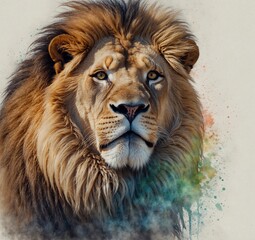 Naklejka premium Portrait of a lion with a colorful background. Digital painting.