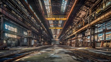 A large industrial building with a lot of machinery and equipment. The building is empty and has a lot of space
