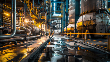 A large industrial building with a lot of pipes and tanks. The image has a mood of industrial and mechanical