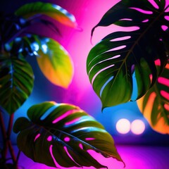 Tropical leaves in bright neon color with black background, abstract texture wallpaper