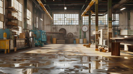 A large industrial warehouse with a clock on the wall. The space is empty and has a somewhat gloomy atmosphere
