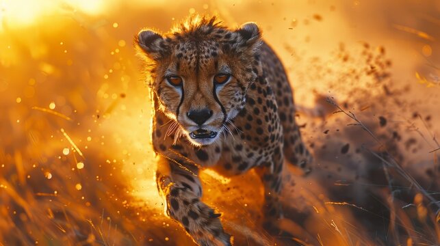 A Felidae Carnivore, the Cheetah with whiskers, running in a fiery landscape