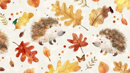 seamless cute autumn themed pattern hedgehog. seamless looping overlay 4k virtual video animation background