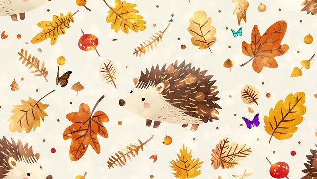 cute autumn themed pattern seamless hedgehog. seamless looping overlay 4k virtual video animation background