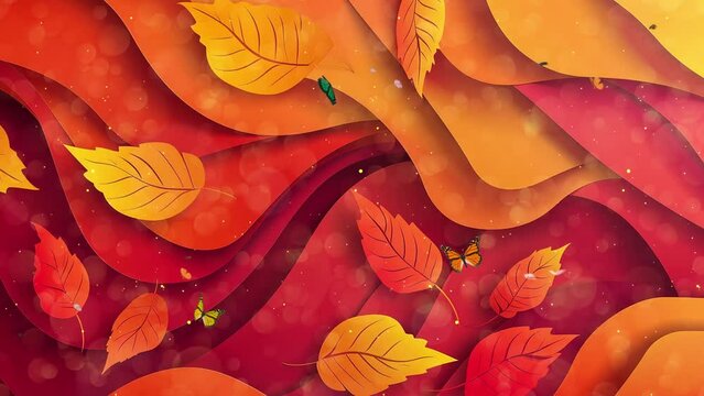 autumn background with orange leaves wavy background in paper cut style. seamless looping overlay 4k virtual video animation background