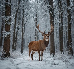 a deer stands in a forest with snow on the trees.