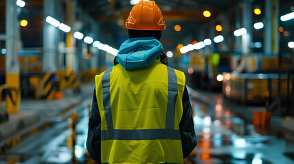 A man in a yellow vest and an orange helmet stands in a dark room. The man is wearing a reflective vest and a hard hat