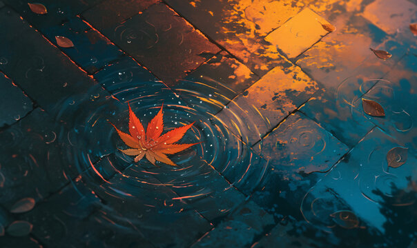 fallen leaves in puddle-generative ai