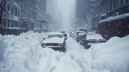 A fierce snowstorm engulfs the city burying cars in thick layers of snow.