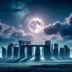 Moonlight illuminates the center of Stonehenge.